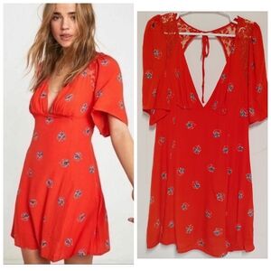 Free People Dress Womens 12 Red Mockingbird Backless Mini Rayon Lace V-Neck